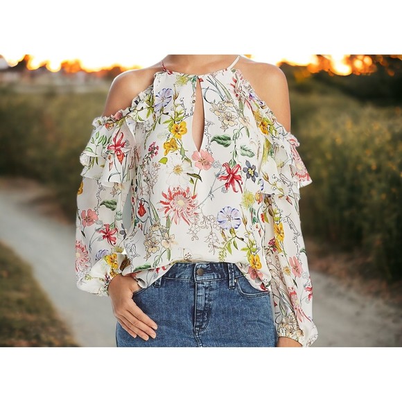 Parker S Floral Cold Shoulder 100% Silk Ruffle Sleeve Top - Picture 1 of 5
